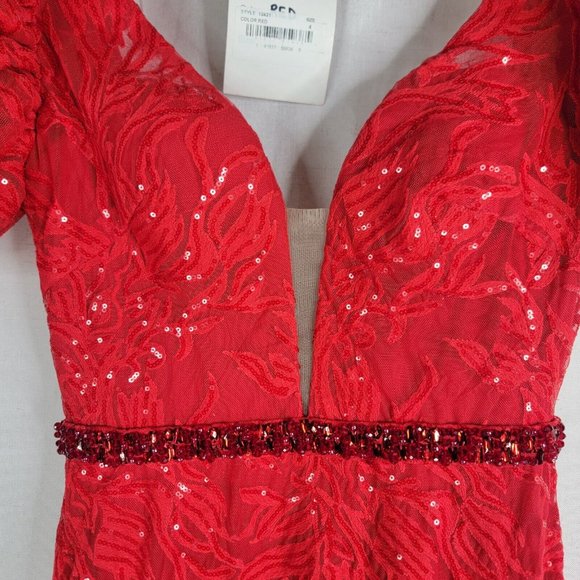 NEW MAC DUGGAL EMBELLISHED PUFF SLEEVE PLUNGED NECK TRUMPET LACE RED 12421 - Picture 8 of 9